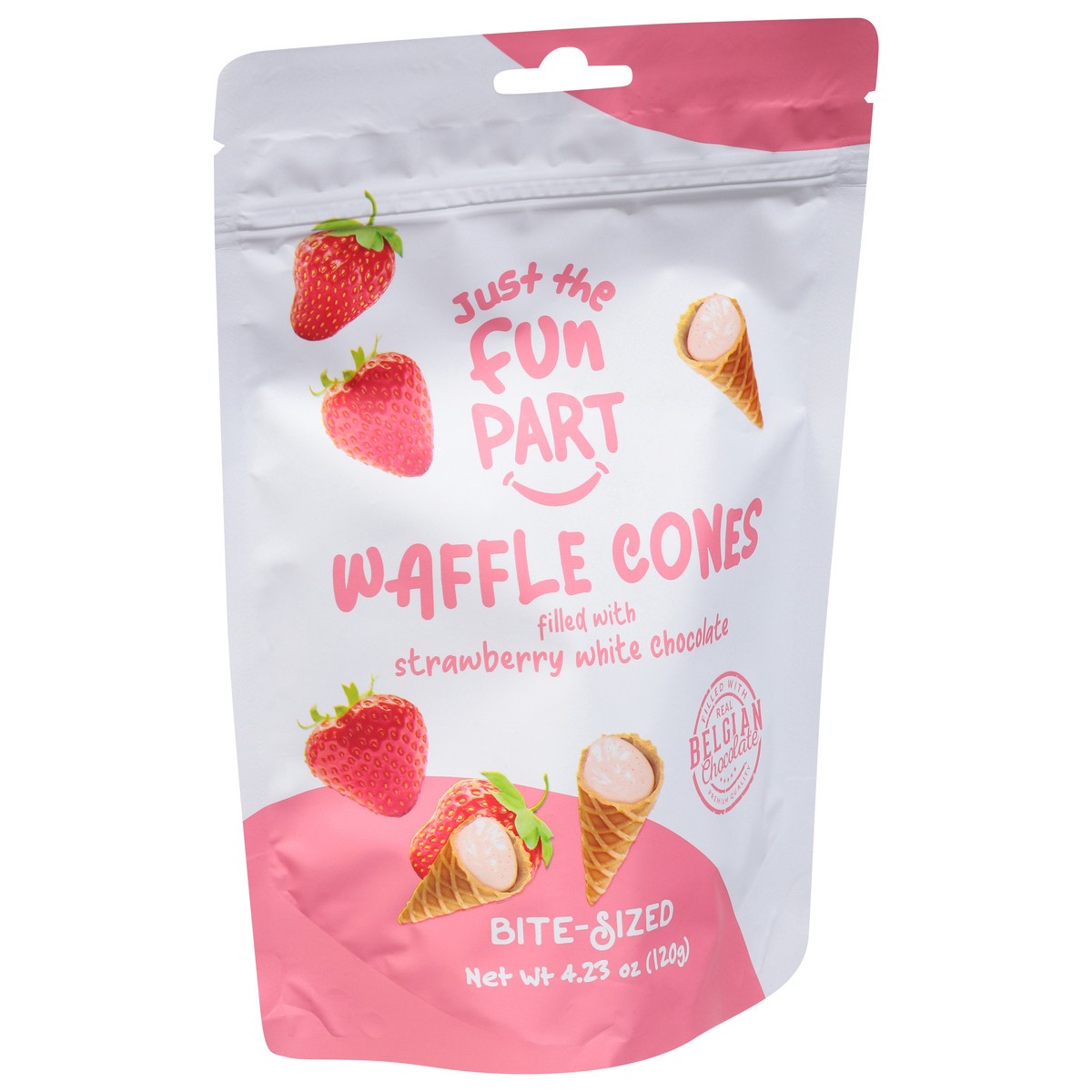 slide 5 of 9, Just the Fun Part Bite-Sized Strawberry White Chocolate Waffle Cones Bite-Sized 4.23 oz, 4.23 oz