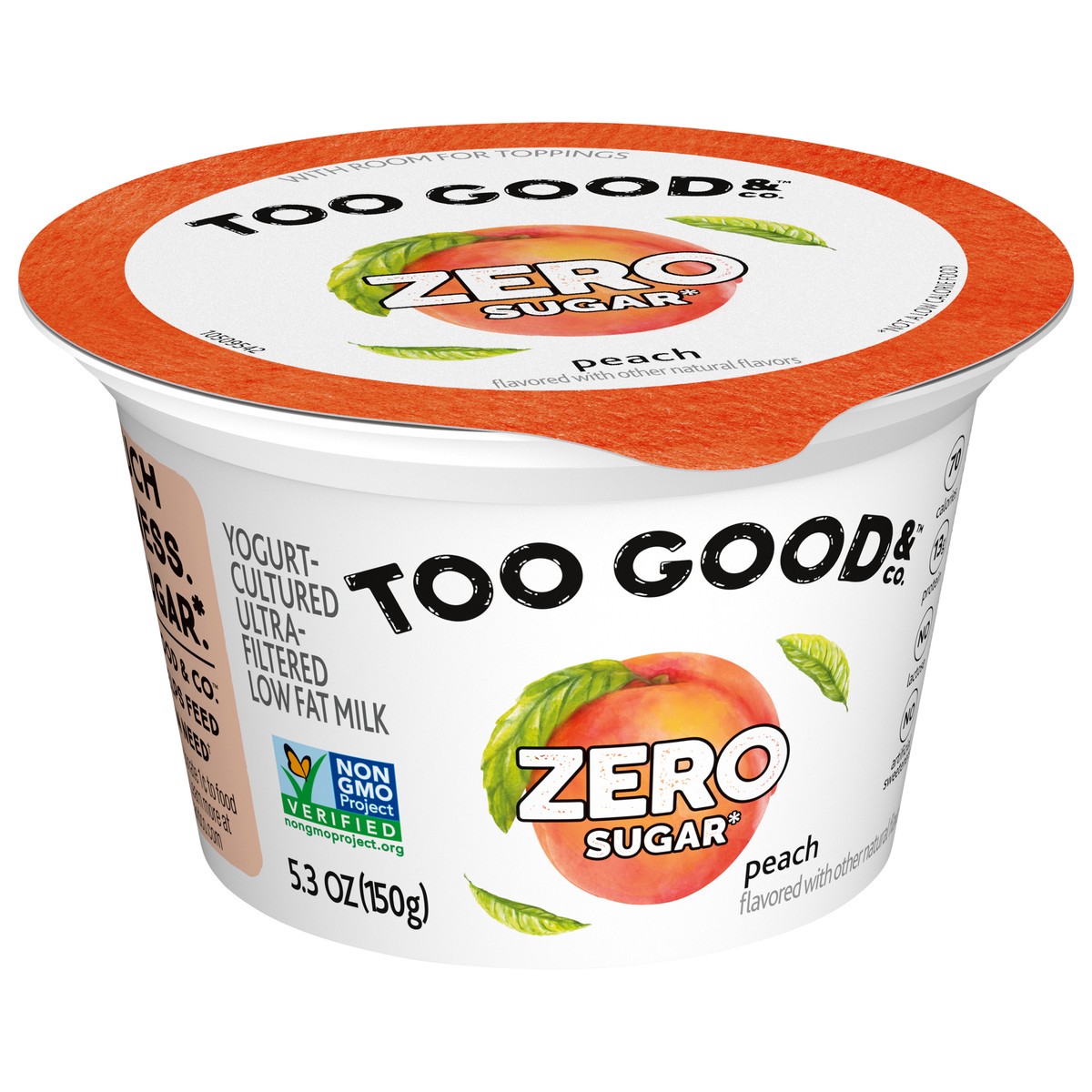 slide 8 of 13, Too Good & Co. Peach Flavored Zero Sugar* Low Fat Greek Yogurt Cultured Product, 5.3 OZ Cup, 5.3 oz