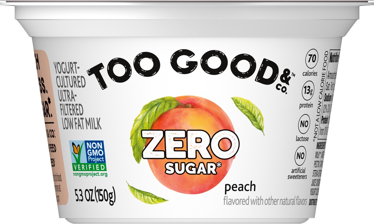slide 6 of 13, Too Good & Co. Peach Flavored Zero Sugar* Low Fat Greek Yogurt Cultured Product, 5.3 OZ Cup, 5.3 oz