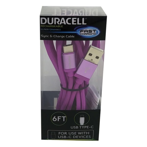 slide 1 of 2, Duracell Usb Type-C Cable, 6', Purple, Le2311, 1 ct