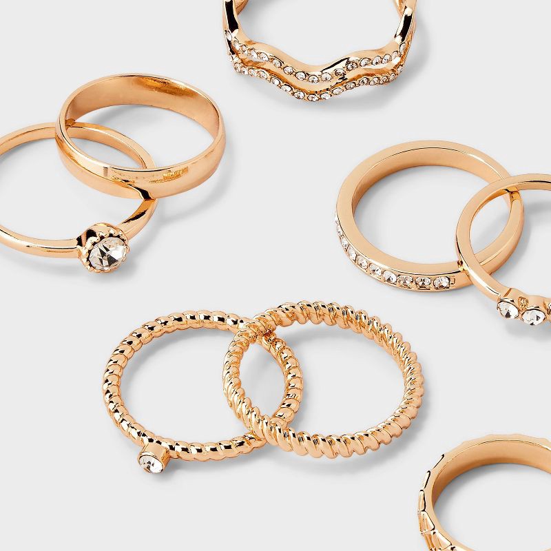 slide 2 of 2, Rhinestone Band Ring Set 8pc - Wild Fable™ Gold: Stacking, Statement Jewelry, Medium/Large, Zinc Material, 8 ct