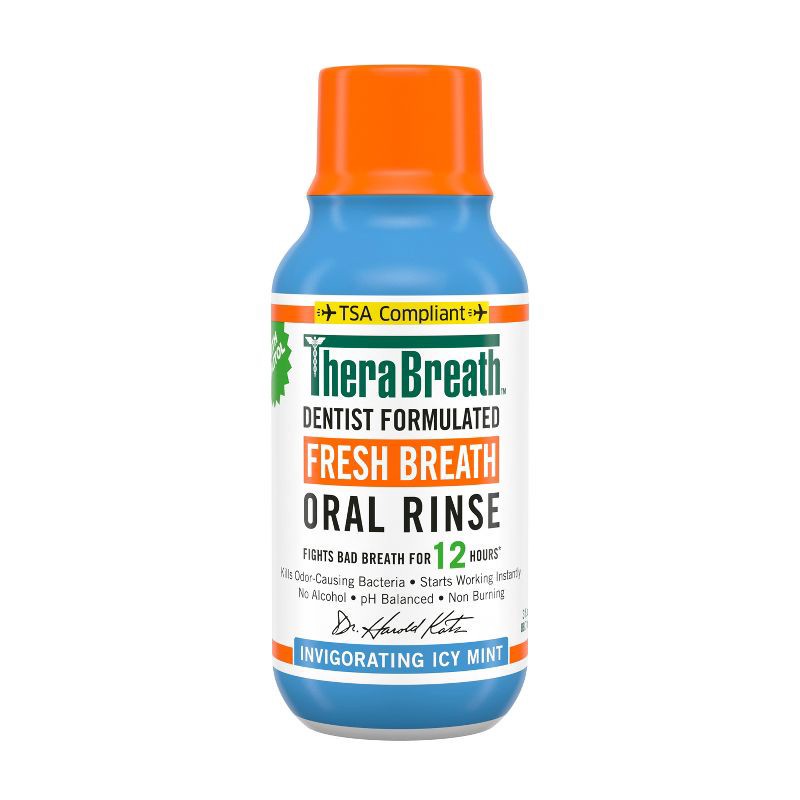 slide 1 of 9, TheraBreath Fresh Breath Mouthwash Alcohol-Free - Icy Mint - Trial Size - 3 fl oz, 3 fl oz