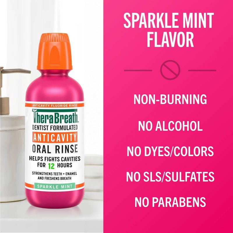 slide 6 of 10, TheraBreath Anticavity Fluoride Mouthwash - Sparkle Mint - Trial Size - 3 fl oz, 3 fl oz