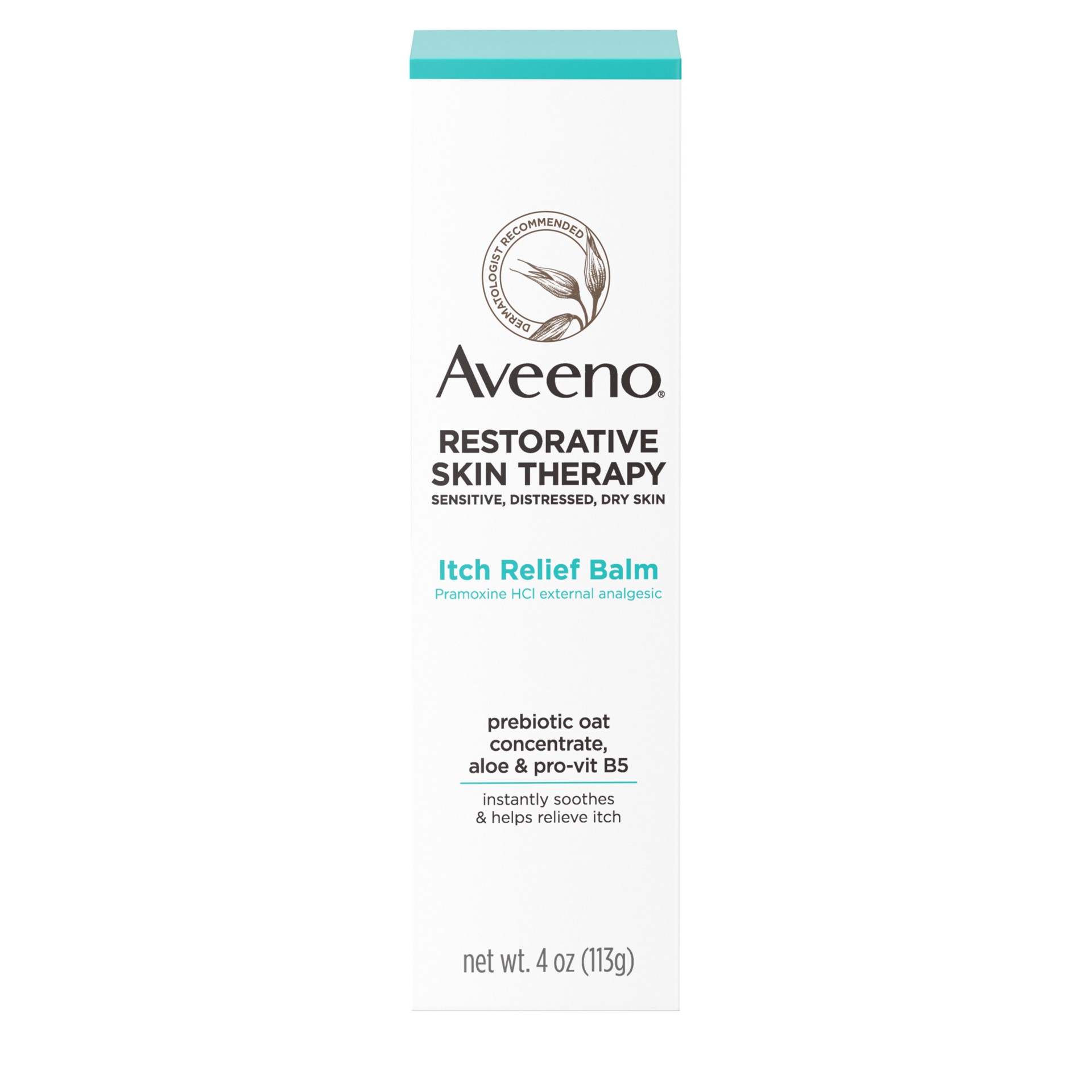 slide 1 of 9, Aveeno Restorative Skin Therapy Itch Relief Body Balm for Sensitive, Distressed, Dry Skin, with Prebiotic Oat & Pramoxine HCl, Formulated without Parabens, Fragrance & Steroids, 4 oz, 4 oz