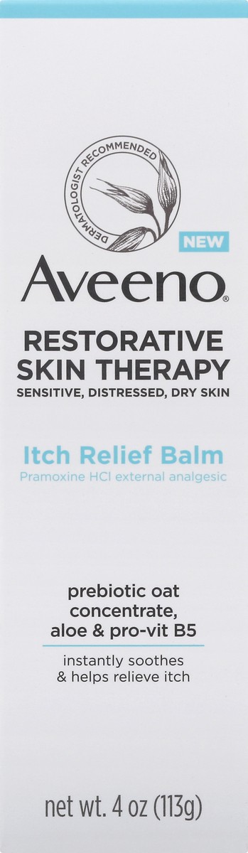 slide 3 of 9, Aveeno Restorative Skin Therapy Itch Relief Body Balm for Sensitive, Distressed, Dry Skin, with Prebiotic Oat & Pramoxine HCl, Formulated without Parabens, Fragrance & Steroids, 4 oz, 4 oz