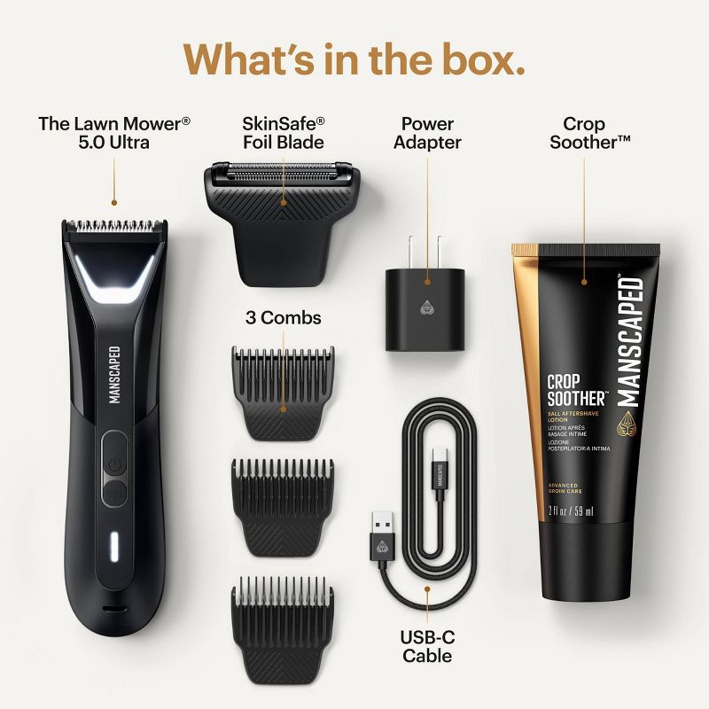 slide 3 of 13, Manscaped The Lawn Mower 5.0 Ultra Essentials Kit, SkinSafe Electric Groin and Body Hair Trimmer, Men's Grooming Gift Set, 1 ct