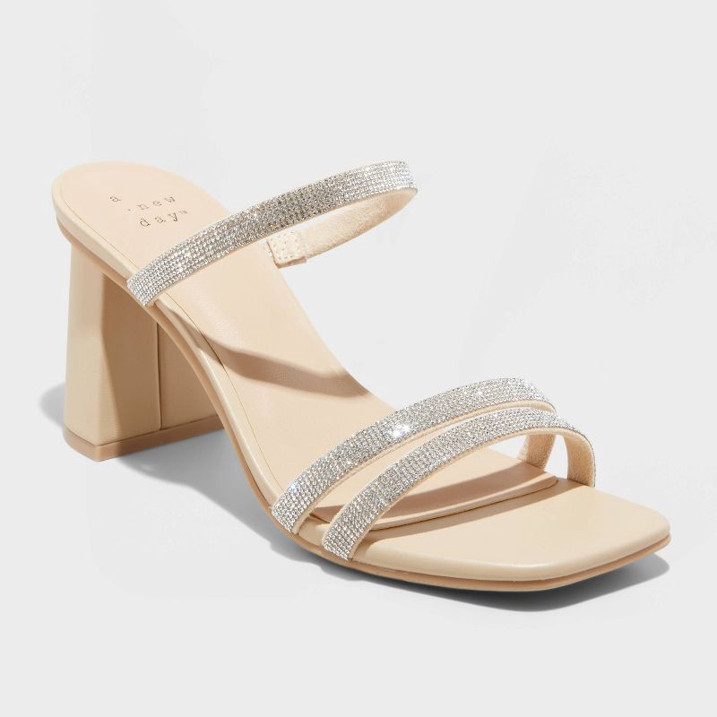slide 1 of 4, Women's Stacy Mule Heels - A New Day™ Silver 8.5: Slip-On Block Heel, Open Toe, Cushioned Insole, 1 ct