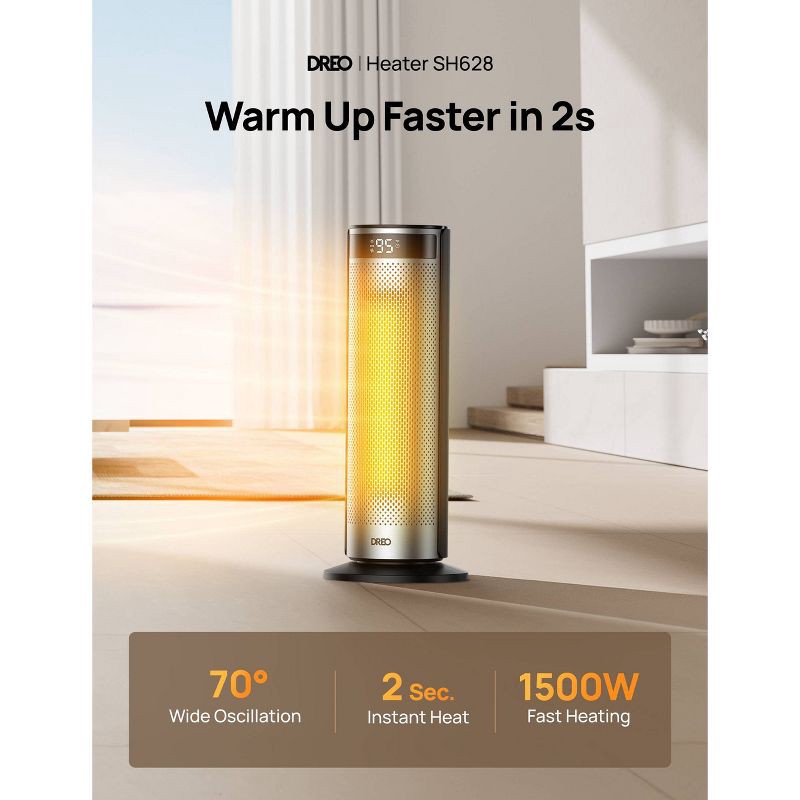 slide 3 of 8, DREO 1500W Solaris Plus 20" Portable Oscillating Ceramic Space Heater for Home with Remote and Thermostat 12H Timer Silver, 1 ct