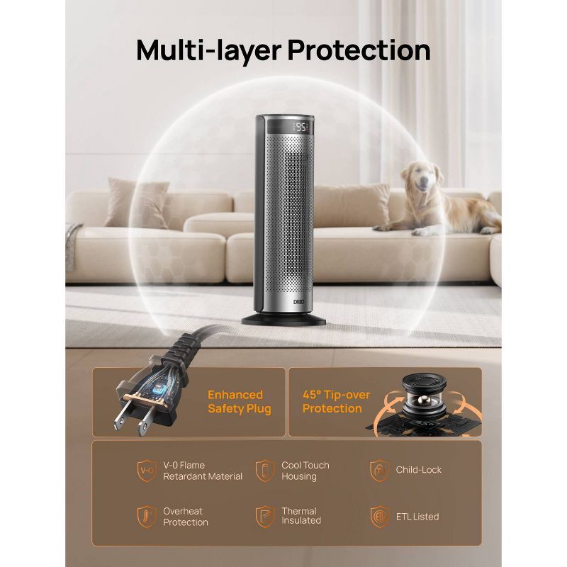slide 6 of 8, DREO 1500W Solaris Plus 20" Portable Oscillating Ceramic Space Heater for Home with Remote and Thermostat 12H Timer Silver, 1 ct