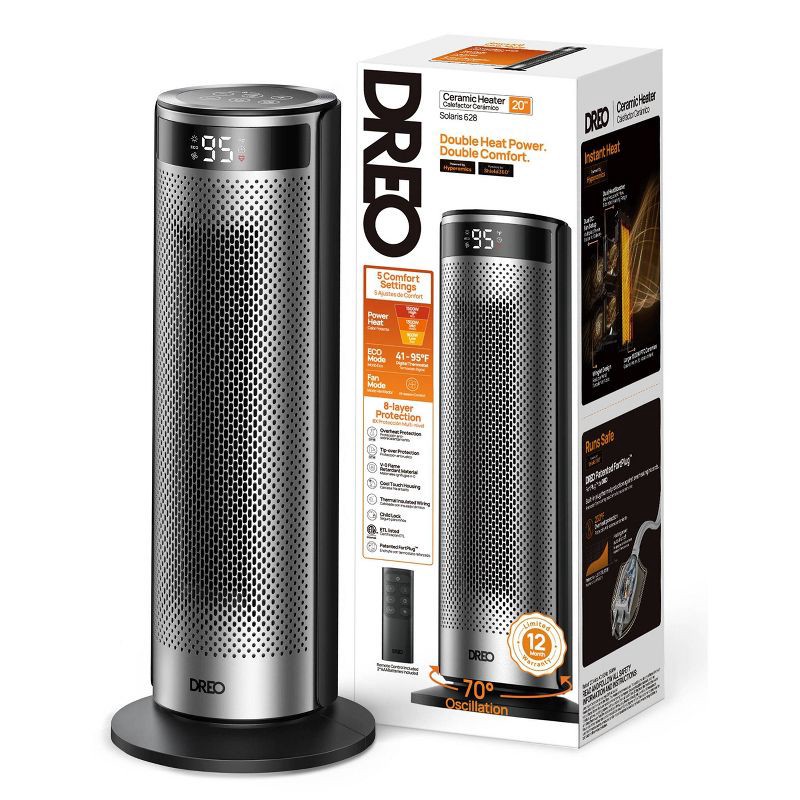 slide 8 of 8, DREO 1500W Solaris Plus 20" Portable Oscillating Ceramic Space Heater for Home with Remote and Thermostat 12H Timer Silver, 1 ct