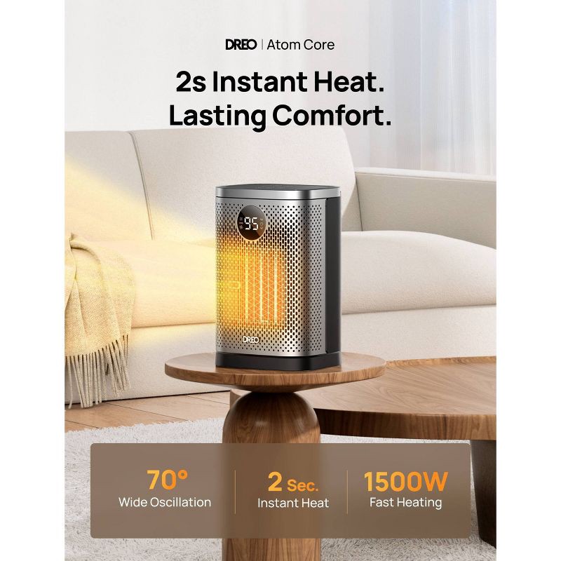 slide 3 of 8, Dreo 1500W Atom Core Portable Oscillating Ceramic Space Heater for Home with Remote and Thermostat 1-12H Timer Silver: Indoor Heater for Bedroom, 1 ct