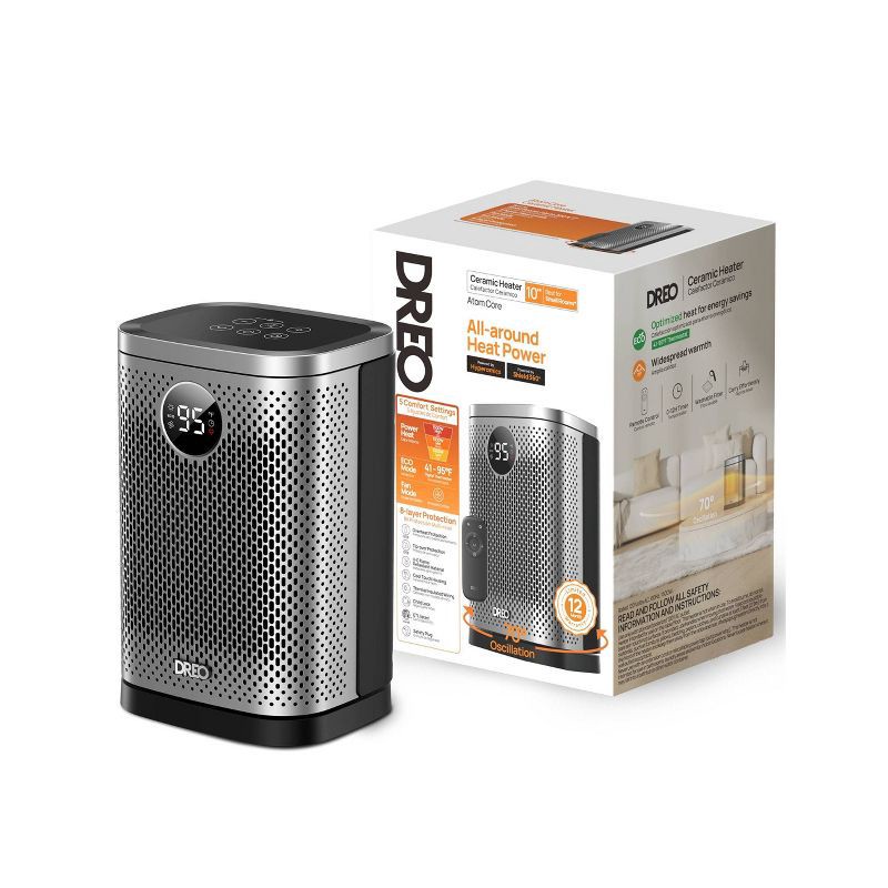 slide 8 of 8, Dreo 1500W Atom Core Portable Oscillating Ceramic Space Heater for Home with Remote and Thermostat 1-12H Timer Silver: Indoor Heater for Bedroom, 1 ct
