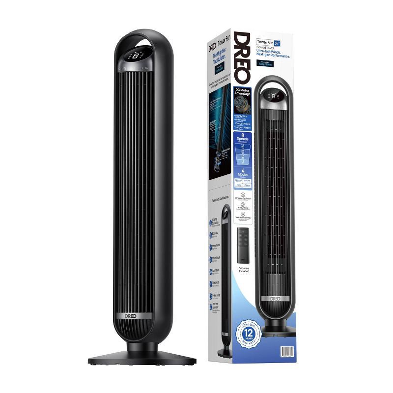 slide 8 of 8, Dreo Nomad 36" Quiet Bladeless Oscillating Tower Fan Black/Silver, 1 ct