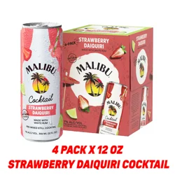 Malibu Rum Cans Malibu Strawberry Daiquiri Ready to Drink Rum Cocktail, 4 Pack, 12 Fl Oz Cans, 7% ABV
