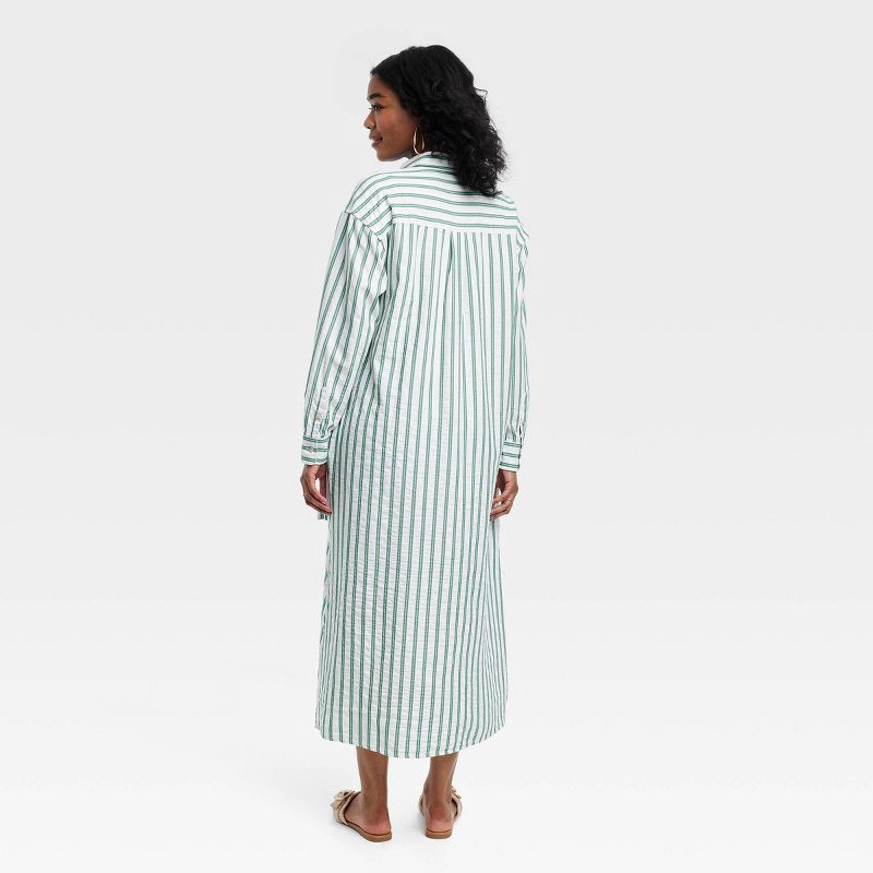 slide 2 of 3, Women's Long Sleeve Cinch Waist Maxi Shirtdress - Universal Thread™ Green Striped M, 1 ct