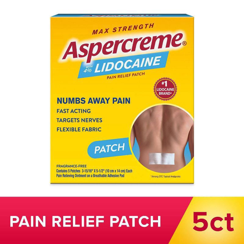 slide 1 of 3, Aspercreme Lidocaine Pain Relief Patch for Back, Neck & Shoulder Pain, Topical Patches With Max-Strength 4% Lidocaine & Flexible Fabric Numbs Away Pain, 5 Ct., 5 ct