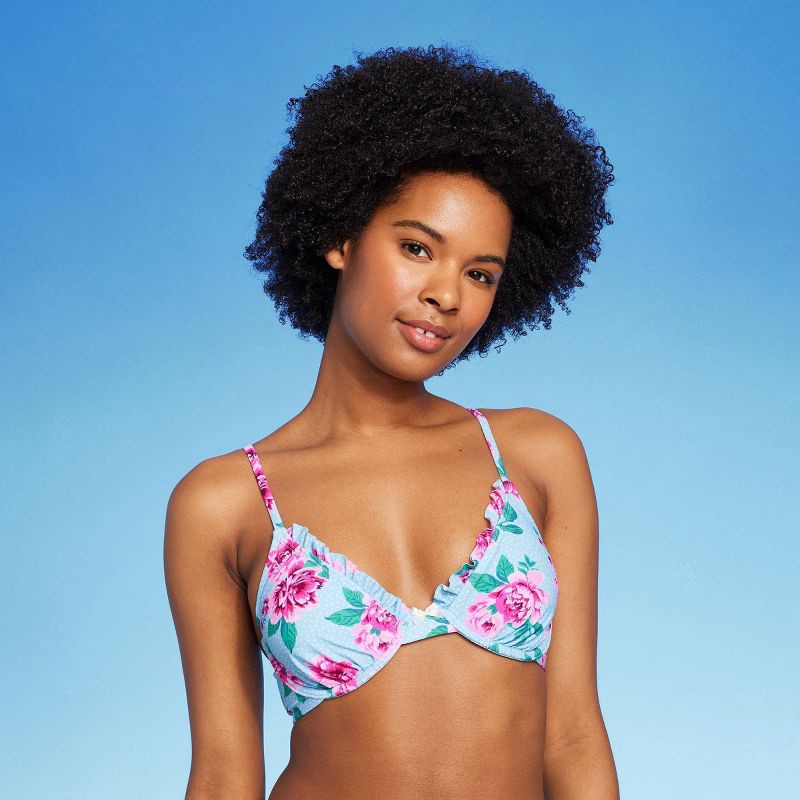 slide 2 of 5, Women'sRuffle Underwire Bikini Top - Wild Fable™ Blue Floral Print S: Adjustable Straps, Stretchy, Lined, Nylon & Spandex, 1 ct