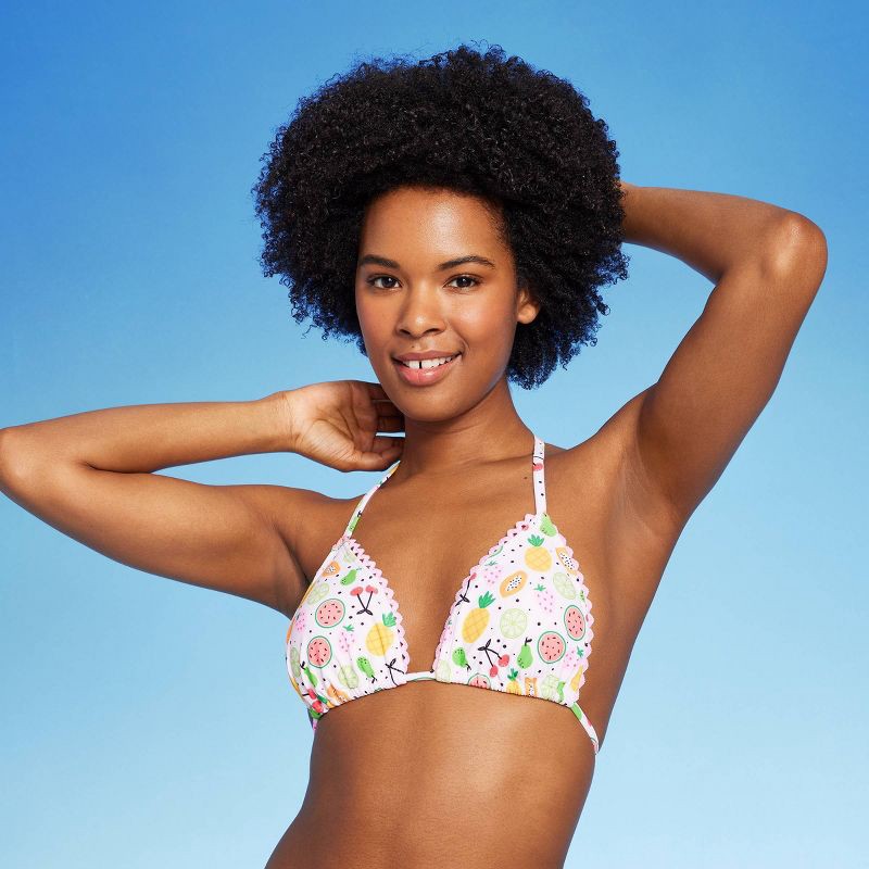slide 5 of 5, Women'sFruit Print Triangle Bikini Top - Wild Fable™ White S: Stretchy Lined Swimwear, Open Back Tie, Removable Cups, 1 ct