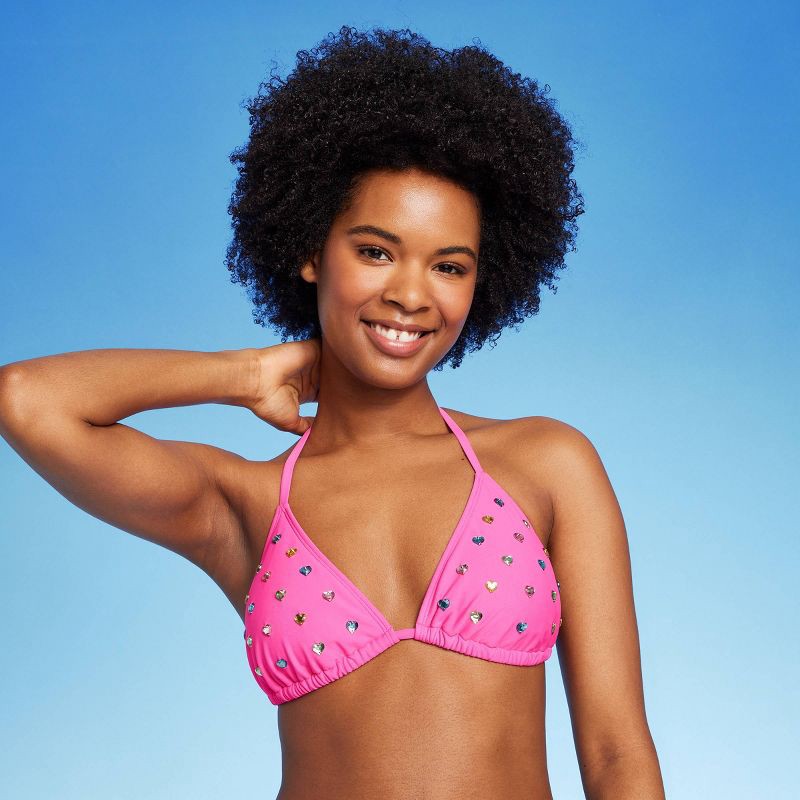 slide 2 of 5, Women'sHeart Shaped Gem Embellished Triangle Bikini Top - Wild Fable™ Pink M: Swimsuits, Rhinestone Detail, Adjustable Strap, 1 ct