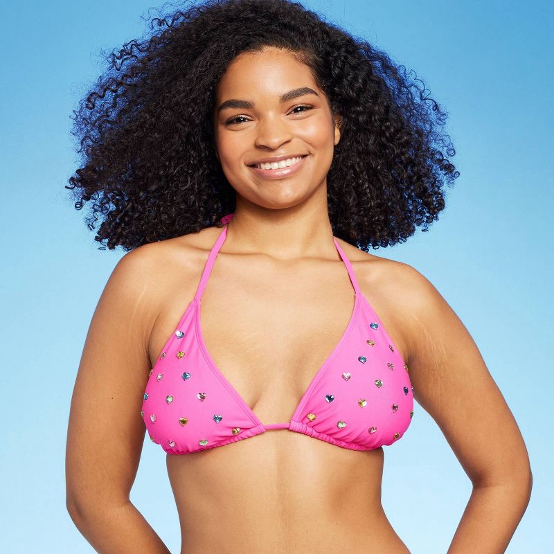 slide 4 of 5, Women'sHeart Shaped Gem Embellished Triangle Bikini Top - Wild Fable™ Pink M: Swimsuits, Rhinestone Detail, Adjustable Strap, 1 ct