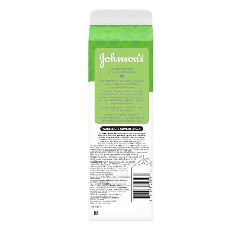 slide 8 of 8, Johnson's Head-To-Toe Baby Bath Wash & Shampoo For Sensitive Skin - Refill Carton - 33.8 fl oz, 33.8 fl oz