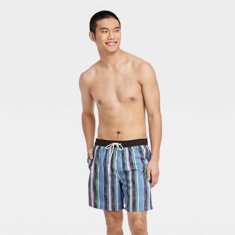 slide 3 of 3, Men's 7" Vertical Striped Swim Trunks - Original Use™ Blue/Black/Green/Pink L, 1 ct