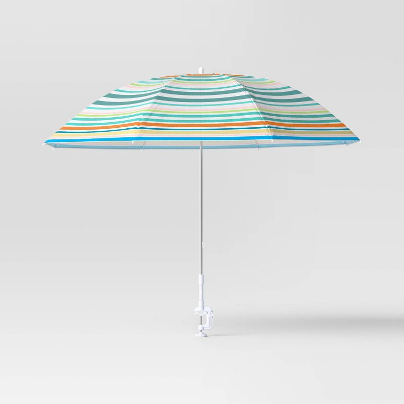 slide 1 of 3, 4' Round Outdoor Patio Clamp-on Beach Umbrella Rainbow Stripes - Sun Squad™: UV Protection, Push-Up Lift, 1 ct