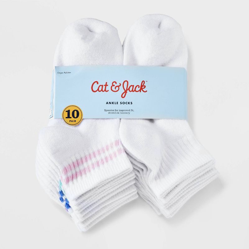 slide 2 of 3, Girls' 10pk Ankle Striped Socks - Cat & Jack™ M: Cushioned Heel Toe, Knit Midweight Fabric, 10 ct
