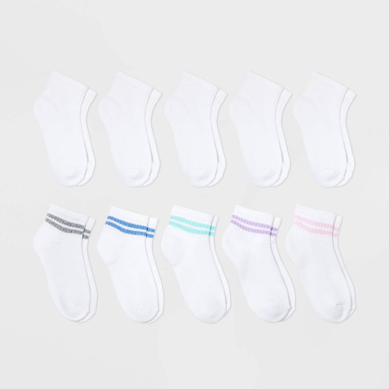 slide 1 of 3, Girls' 10pk Ankle Striped Socks - Cat & Jack™ M: Cushioned Heel Toe, Knit Midweight Fabric, 10 ct