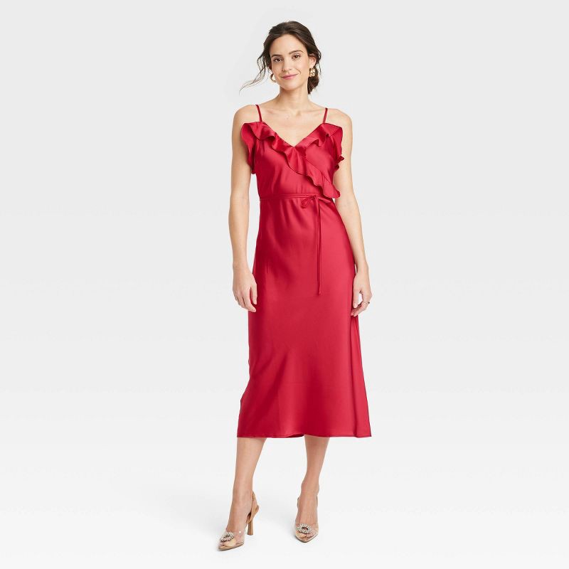 ruffle midi slip dress Warehouse Women's Metallic Satin Ruffle Midi Slip Dress - Purple - Size 8