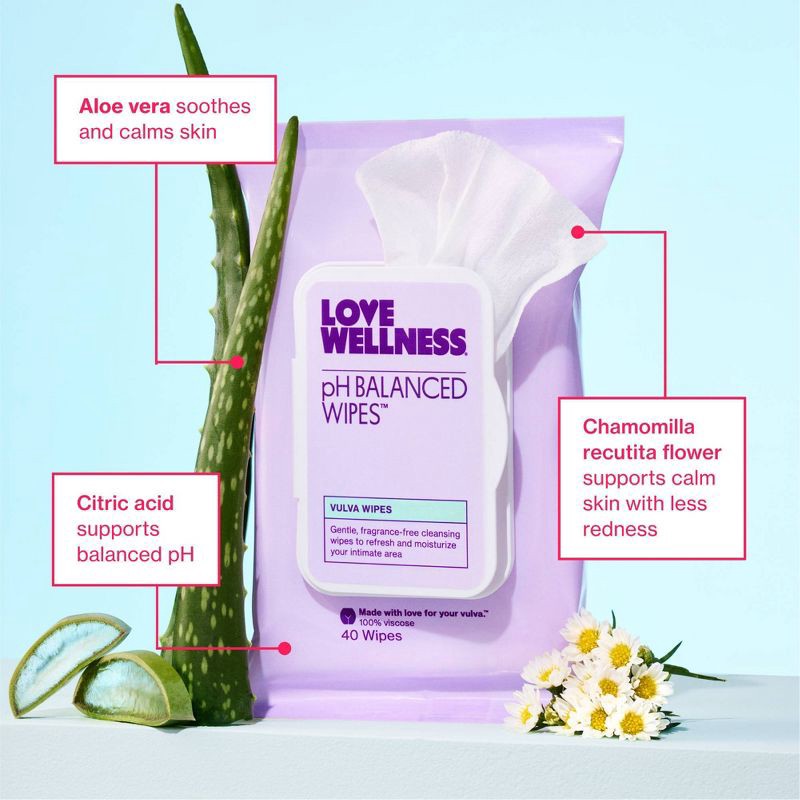 slide 4 of 8, Love Wellness pH Balanced Wipes for Sensitive Care Unscented - 40ct, 40 ct