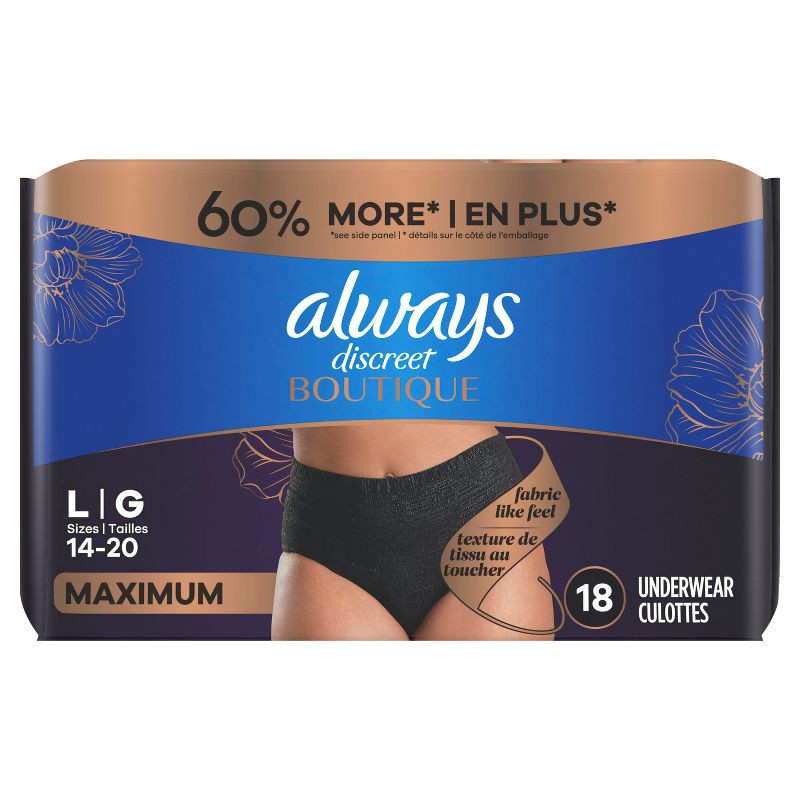 slide 9 of 9, Always Discreet Boutique Adult Postpartum Incontinence Underwear for Women - Black - Large - 18ct, 18 ct