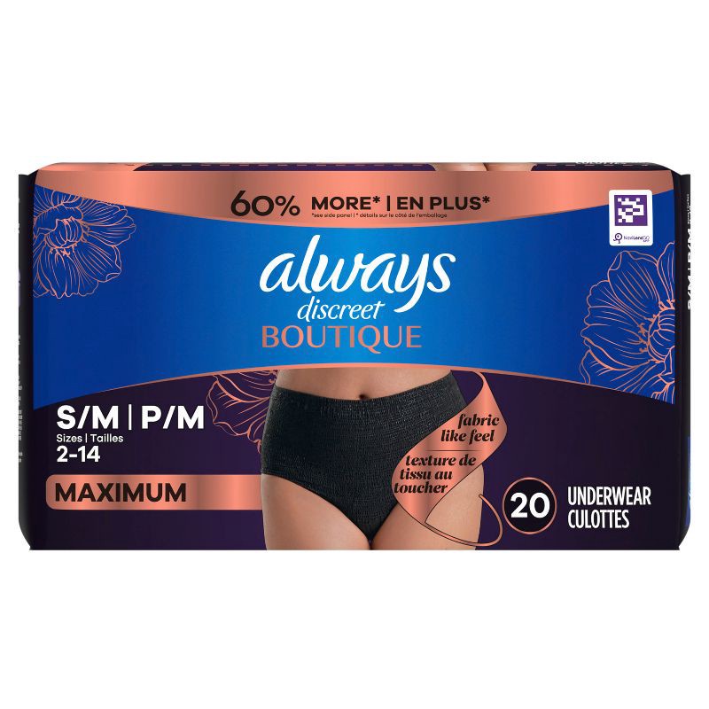 slide 2 of 9, Always Discreet Boutique Adult Postpartum Incontinence Underwear for Women - Black - Small/Medium - 20ct, 20 ct