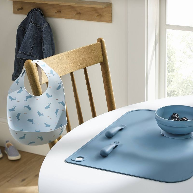 slide 2 of 4, Silicone Bib and Utensil Feeding Set - 4pc - Blue - Cloud Island™, 4 ct