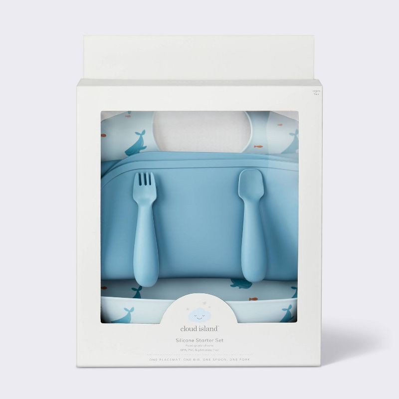 slide 4 of 4, Silicone Bib and Utensil Feeding Set - 4pc - Blue - Cloud Island™, 4 ct