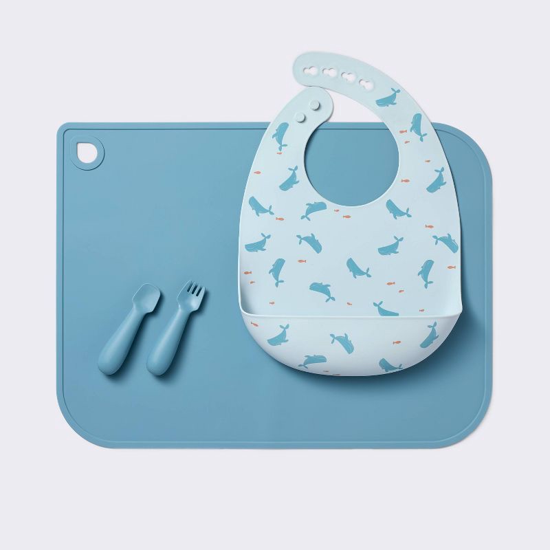 slide 1 of 4, Silicone Bib and Utensil Feeding Set - 4pc - Blue - Cloud Island™, 4 ct