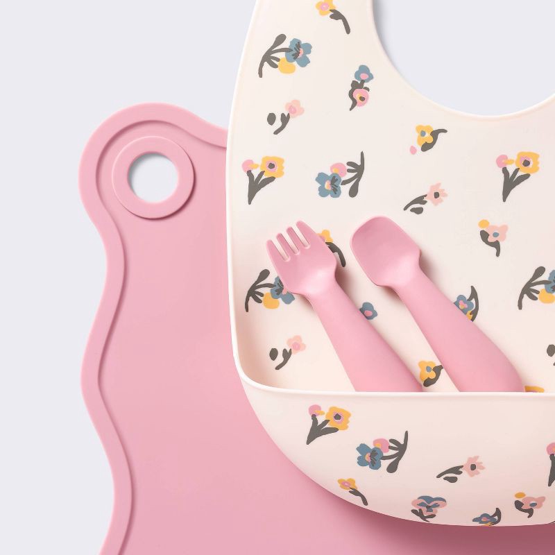 slide 3 of 4, Silicone Bib and Utensil Feeding Set - 4pc - Pink - Cloud Island™, 4 ct