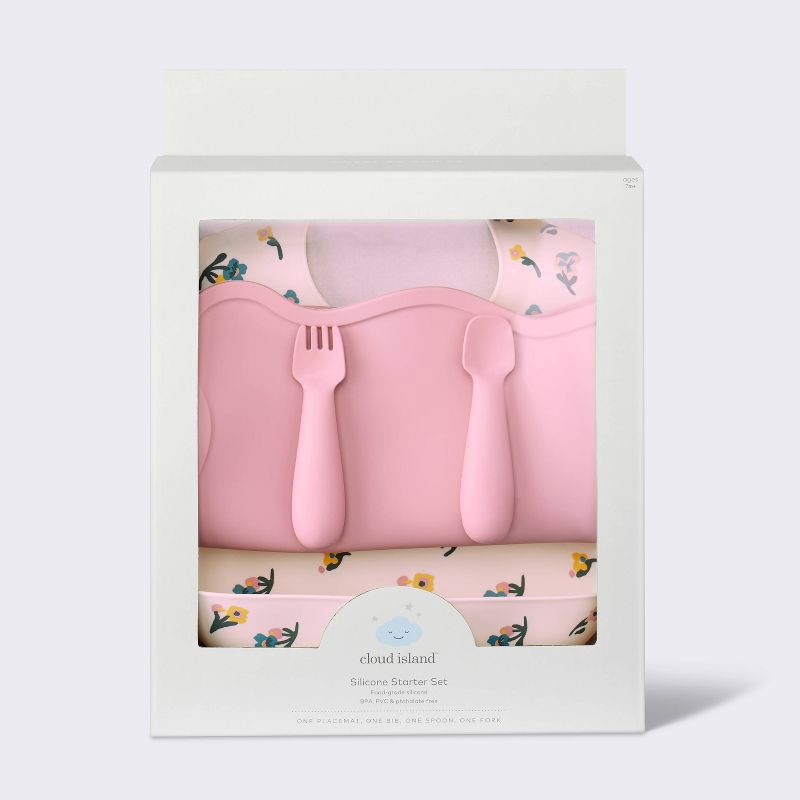 slide 4 of 4, Silicone Bib and Utensil Feeding Set - 4pc - Pink - Cloud Island™, 4 ct