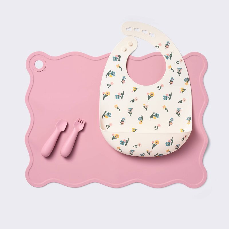 slide 1 of 4, Silicone Bib and Utensil Feeding Set - 4pc - Pink - Cloud Island™, 4 ct