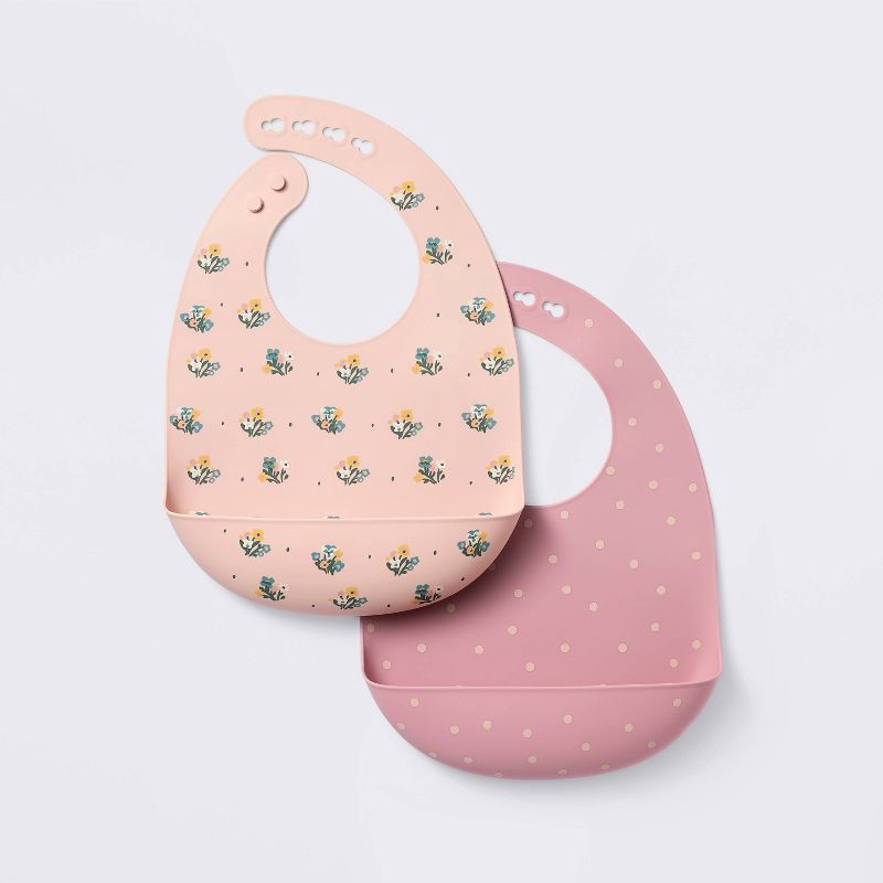 slide 1 of 4, Silicone Bibs - 2pk - Flowers/Dots - Cloud Island™, 2 ct