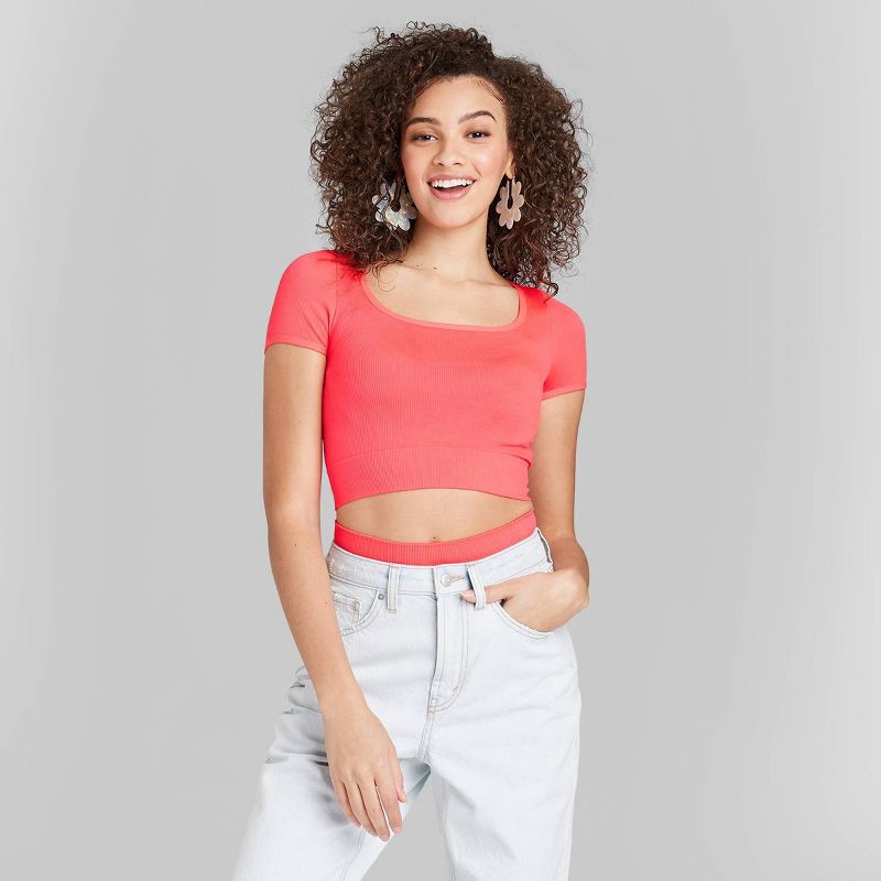 Women's Short Sleeve Square Neck Fitted Seamless T-Shirt - Wild Fable™  Coral L