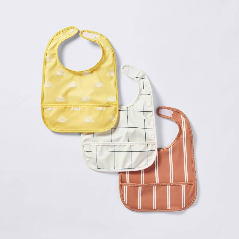 slide 1 of 4, Water-Resistant Bibs - 3pk - Suns/Stripe - Cloud Island™, 3 ct
