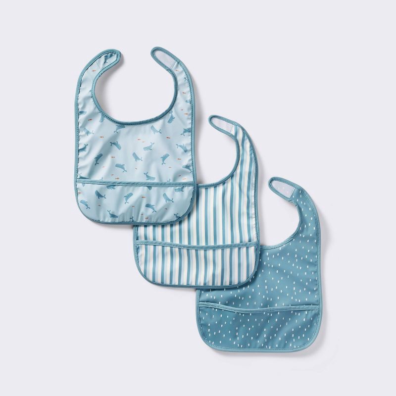 slide 1 of 4, Water-Resistant Bibs - 3pk - Whales/Stripes/Dots - Cloud Island™, 3 ct