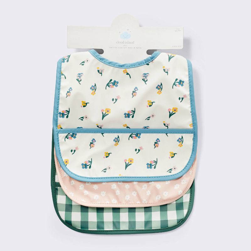 slide 4 of 4, Water Resistant Bibs - 3pk - Floral/Checkerboard - Cloud Island™, 3 ct