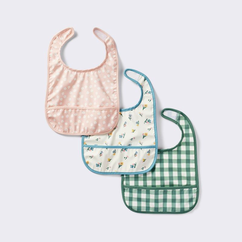 slide 1 of 4, Water Resistant Bibs - 3pk - Floral/Checkerboard - Cloud Island™, 3 ct