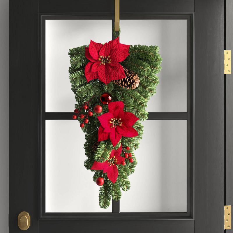 slide 2 of 3, 28" Decorated Pine and Poinsettia Flowers Hanging Christmas Artificial Swag - Wondershop™, 1 ct