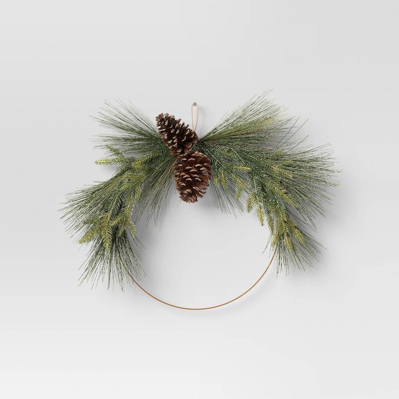 slide 3 of 4, 22" Pre-lit Gold Metal Hoop with Glittered Greenery and Pinecones Artificial Christmas Wreath Warm White LED Lights - Wondershop™, 1 ct