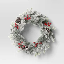 24" Lightly Flocked Pine Artificial Christmas Wreath with Pinecones and Red Berries Green - Wondershop™