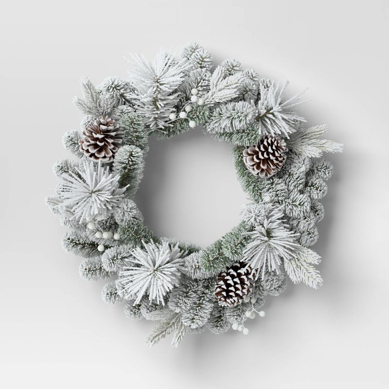slide 1 of 3, 28" Flocked Mixed Greenery with Berries and Pinecones Artificial Christmas Wreath - Wondershop™, 1 ct