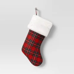 20" Plaid Christmas Stocking with Faux Fur Cuff Red - Wondershop™